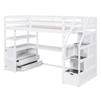 Lit mezzanine taille jumeau avec bureau et étagères, deux tiroirs intégrés, escalier de rangement