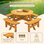 Ensemble de salle à manger rond en bois de sapin pour patio extérieur 8 personnes avec 4 bancs intégrés et trou pour parasol
