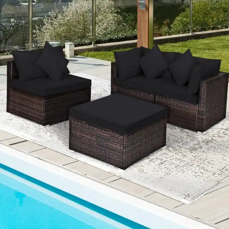 Ensemble de meubles de patio en rotin 4 pièces avec coussins et oreillers amovibles – Canapé d'angle : 73,7 x 73,7 x 63,5 cm