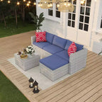 Ensemble de mobilier de patio 5 pièces, canapé d'angle en osier tout temps avec coussins antidérapants, ensemble de canapé d'extérieur en rotin avec pouf.