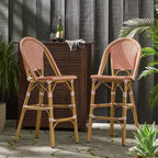 sumyeg Lot de 2 tabourets de bar de bistrot français d'extérieur 29,5, rotin PE en osier avec cadre en aluminium, finition aspect bambou, rouge rouille et blanc