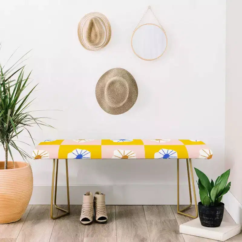Banc Fleurs à Carreaux Blanches Jaune - Rembourré en Faux Cuir avec Pieds en Acier
