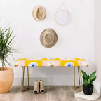 Banc Fleurs à Carreaux Blanches Jaune - Rembourré en Faux Cuir avec Pieds en Acier