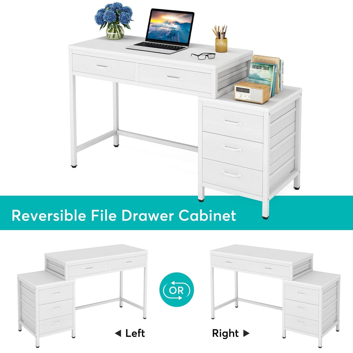 Bureau d'ordinateur réversible avec 5 tiroirs, bureau de travail à domicile avec caisson de rangement pour dossiers et support pour imprimante