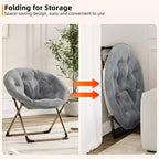 Fauteuil soucoupe, fauteuil moelleux en fausse fourrure, fauteuil lune avec structure métallique pliable, siège d'appoint floral