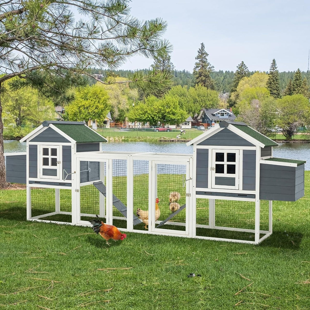AECOJOY 144 Grand poulailler avec enclos, clapier en bois, cage pour volaille