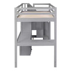 Lit mezzanine une place avec bureau en L, 3 tiroirs, placard, rangements intégrés dans l'escalier, en pin massif/MDF