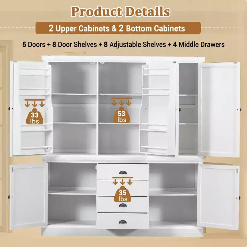 Garde-manger de cuisine autoportant Whisen 73 avec tiroirs et étagères réglables pour le rangement et l'organisation dans la salle à manger ou la cuisine