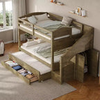 Lit superposé Whisen Twin XL avec lit gigogne, lit superposé avec rangement, lit superposé en bois massif, escalier de rangement, armoire, 3 tiroirs, pour enfants