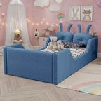 Lit plateforme double Whisen, cadre de lit rembourré pour enfants avec coussin lapin, barrières latérales amovibles