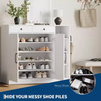 Meuble à chaussures, Meuble de rangement pour chaussures Style ferme 2 portes coulissantes avec tiroirs, étagères réglables et crochets pour entrée, couloir