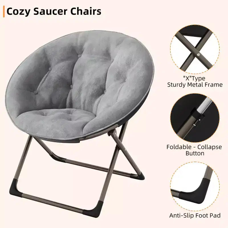 Fauteuil soucoupe, fauteuil moelleux en fausse fourrure, fauteuil lune avec structure métallique pliable, siège d'appoint floral