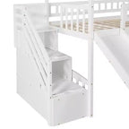 Lit mezzanine jumeau avec toboggan et escalier, lit mezzanine avec tiroirs de rangement, lit mezzanine cabane en bois pour enfants et tout-petits