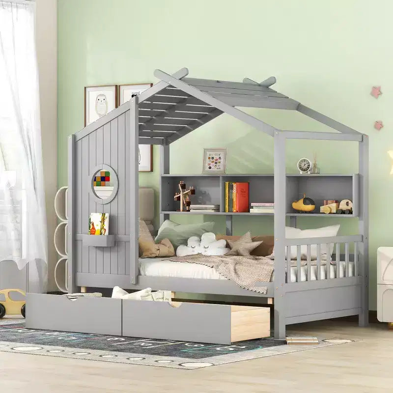 Lit cabane et lit enfant Whisen une place, lit cabane avec 2 tiroirs, étagère de rangement