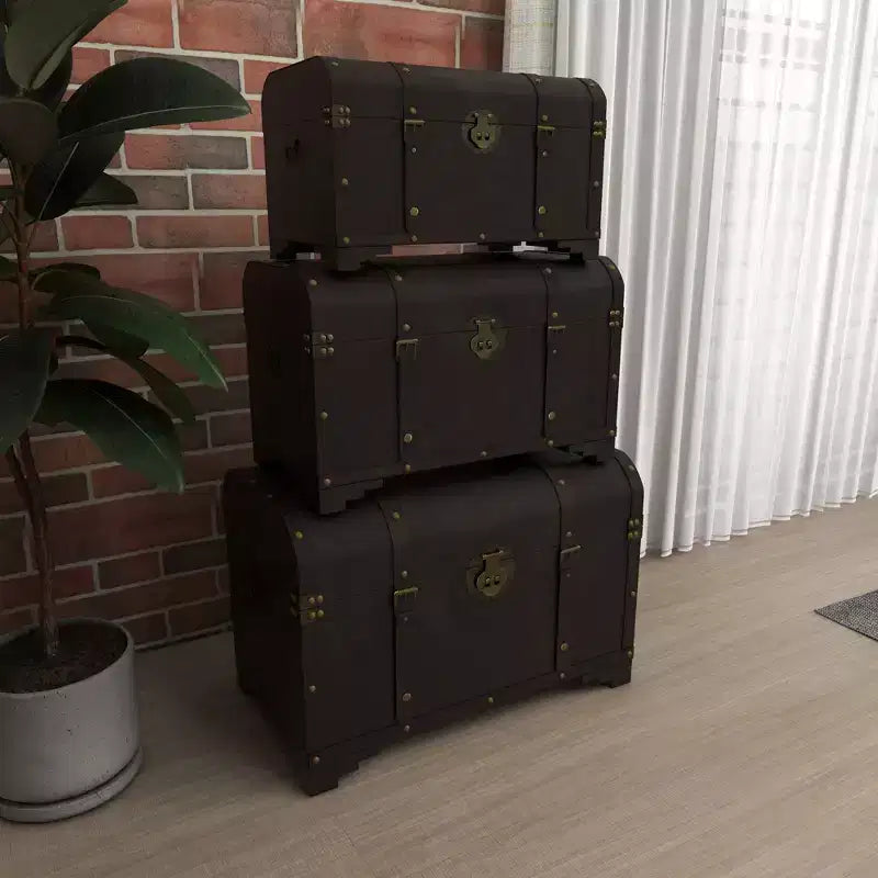 Lot de 3 malles en bois traditionnelles marron - Olivia & May : Finition vieillie, aucun assemblage requis, rangement décoratif