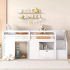 Lit mezzanine jumeau Okak en bois massif avec escalier et rangement, lits superposés jumeaux à profil bas avec tiroirs et étagères, lits mezzanine multifonctionnels pour enfants et adolescents