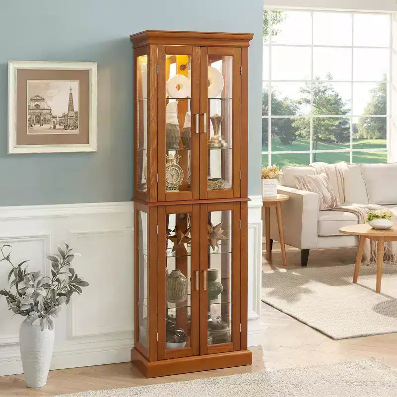 Display Cabinet, Curio Cabinet with 6 Adjustable Shelves and Tempered Glass Doors, Tall Cabinet for Living Room, Bedroom
