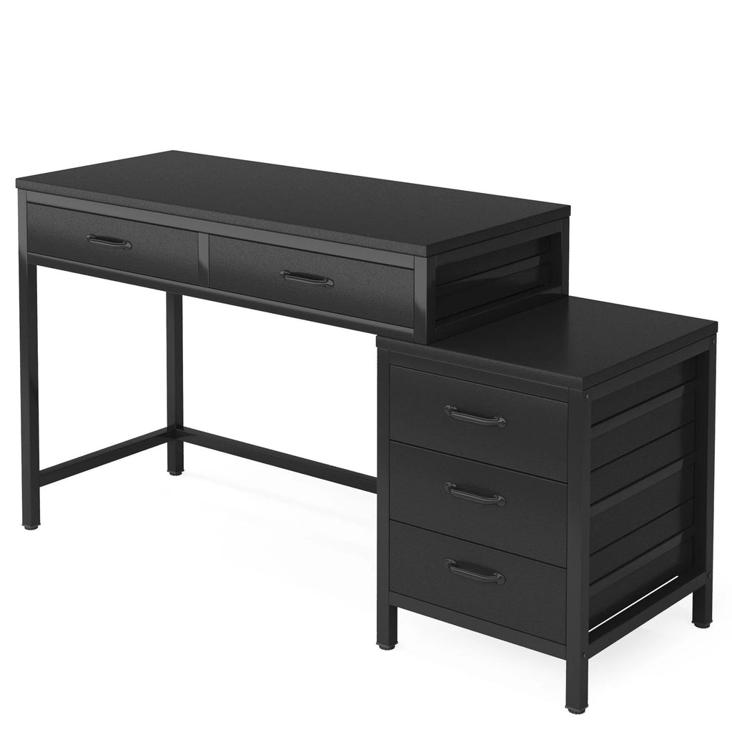 Bureau d'ordinateur réversible avec 5 tiroirs, bureau de travail à domicile avec caisson de rangement pour dossiers et support pour imprimante