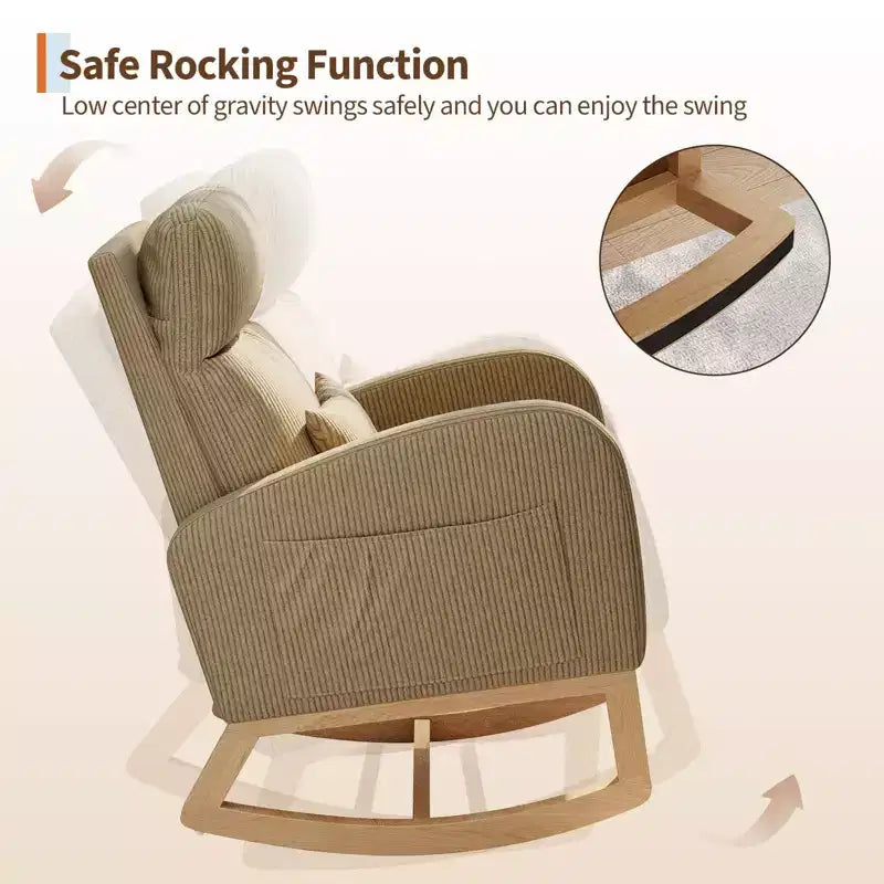 Fauteuil à bascule moderne avec oreiller et poches latérales, pour salon, chambre à coucher