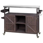 Îlot de cuisine d'extérieur Okak avec plateau en acier inoxydable, chariot de cuisine en bois avec portes, étagères et porte-épices, îlot de cuisine roulant