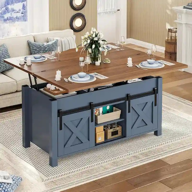 Table basse relevable avec 2 portes de grange coulissantes et rangement