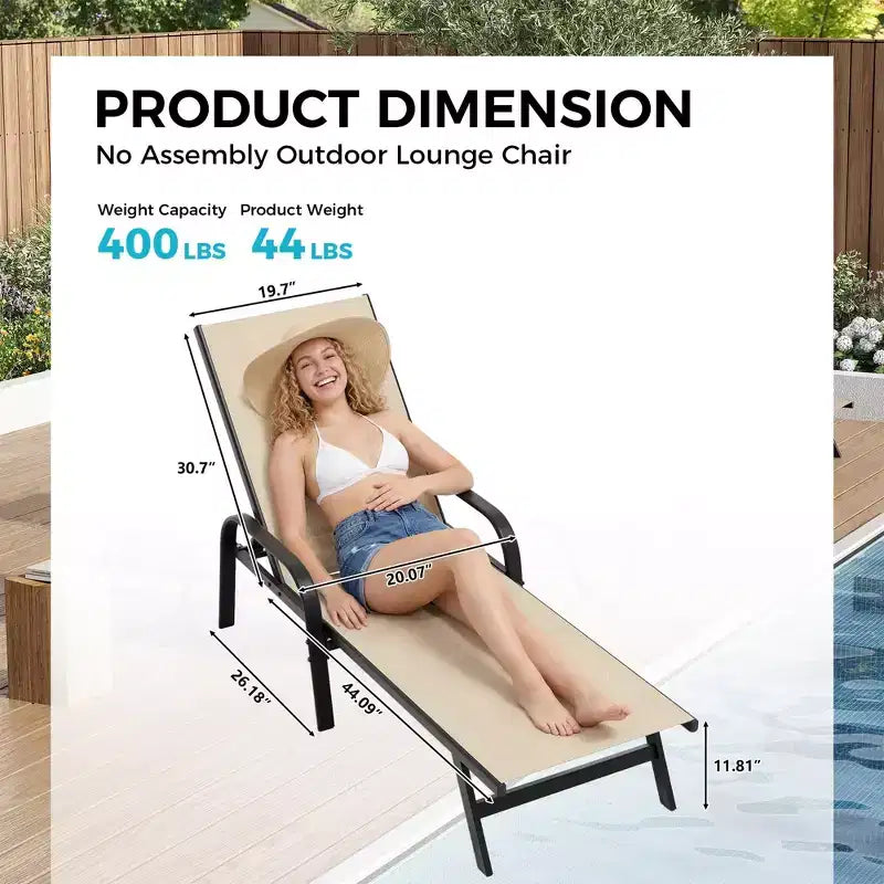 Lot de 2 chaises longues de jardin, transat inclinable réglable sur 5 positions, tissu Textilène, chaise longue de piscine de 193 cm pour terrasse, jardin et bord de piscine
