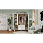 Armoire en bois blanc de 156 cm avec 2 tiroirs, tringle et étagères