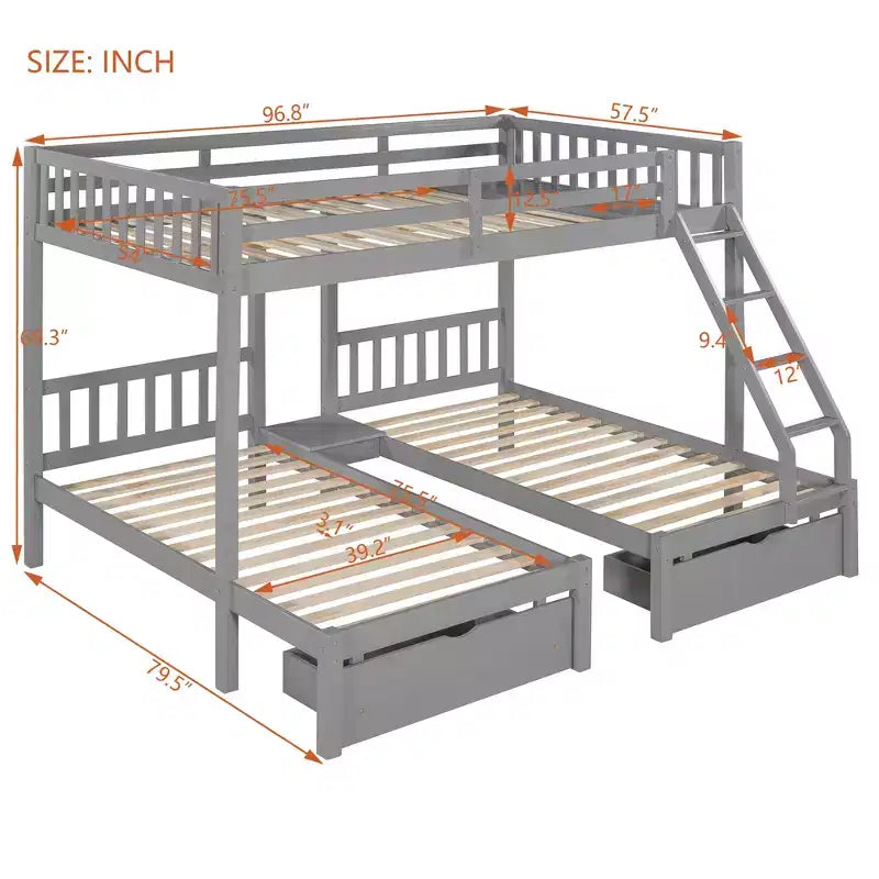 Lit superposé Triple (grand lit en haut, lits jumeaux en bas) avec 2 tiroirs de rangement, en bois, peut être séparé en 3 lits individuels