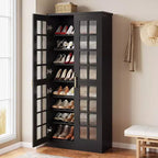 Meuble à chaussures haut Lantine avec portes, rangement à chaussures à 8 niveaux avec étagères réglables, armoire à chaussures moderne pour couloir, placard, salon, blanc