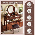 Coiffeuse vintage en bois Okak avec miroir inclinable, coiffeuse avec 5 tiroirs et tabouret rembourré, coiffeuse pour chambre à coucher