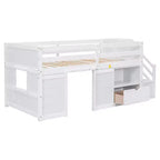 Lit mezzanine bas en bois massif, taille double, avec escalier, tiroir et étagère, design moderne et épuré, 94,6 L x 42,3 l po