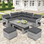 Canapé d'angle d'extérieur en rotin avec table réglable et fauteuils inclinables