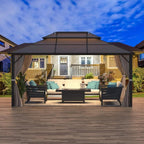 Tonnelle EROMMY à toit rigide, pergola extérieure avec double toit, moustiquaire et rideaux, auvent robuste pour patio, jardin, fête au bord de la piscine