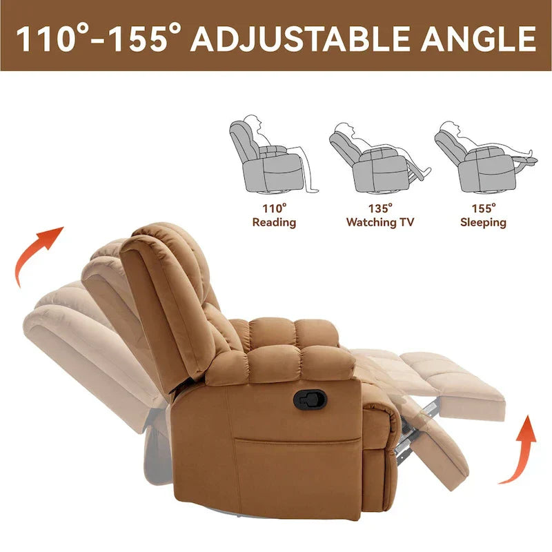 Fauteuil inclinable pivotant et à bascule en tissu Lazy Boy, grand fauteuil berçant manuel rembourré à l’excès avec accoudoirs à coussinet et dossier rembourré