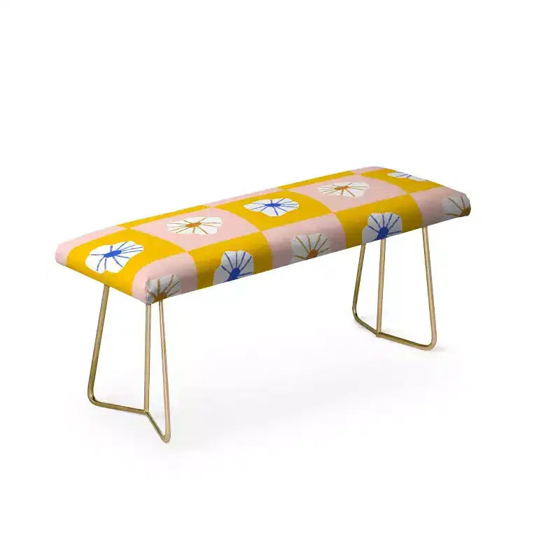 Banc Fleurs à Carreaux Blanches Jaune - Rembourré en Faux Cuir avec Pieds en Acier