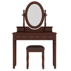 Coiffeuse vintage en bois Okak avec miroir inclinable, coiffeuse avec 5 tiroirs et tabouret rembourré, coiffeuse pour chambre à coucher