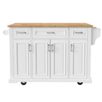 Grand îlot de cuisine avec abattant en bois, desserte à roulettes avec texture en relief, portes, tiroirs et rangement pour cuisine, blanc