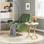 Petite table d'appoint ronde moderne, bout de canapé ou table de chevet avec structure en métal doré et plateau en bois d'ingénierie aspect marbre pour salon