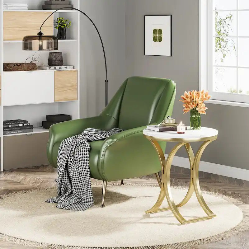 Petite table d'appoint ronde moderne, bout de canapé ou table de chevet avec structure en métal doré et plateau en bois d'ingénierie aspect marbre pour salon