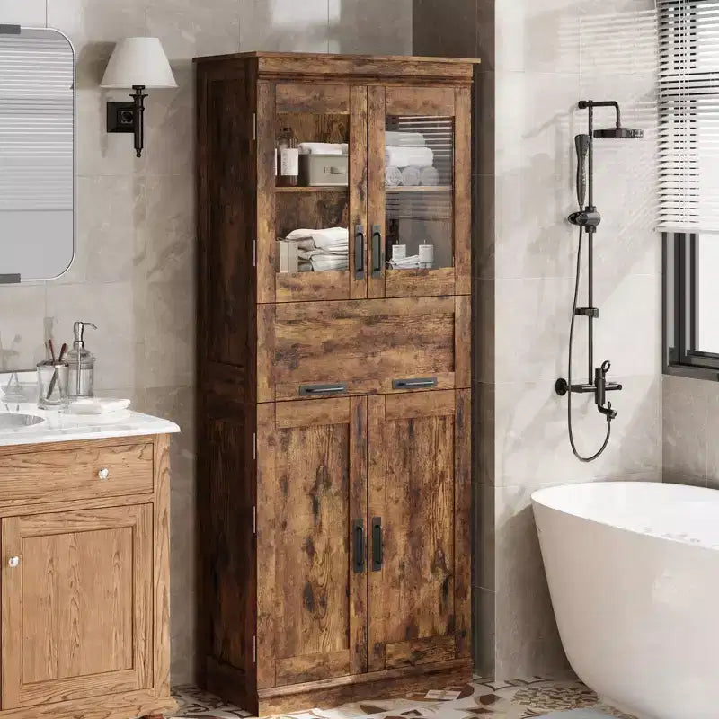 Grand meuble de salle de bain de 170 cm avec 4 portes, armoire de rangement autoportante avec portes vitrées, étagères réglables et tiroirs pour cuisine, cellier, salon