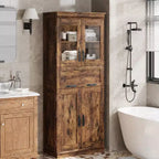 Grand meuble de salle de bain de 170 cm avec 4 portes, armoire de rangement autoportante avec portes vitrées, étagères réglables et tiroirs pour cuisine, cellier, salon