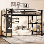 Lit mezzanine métallique double/grand format, tout-en-un avec armoire, étagères de rangement et panneau perforé, noir - ModernLuxe