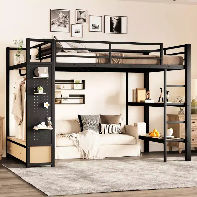 Lit mezzanine métallique double/grand format, tout-en-un avec armoire, étagères de rangement et panneau perforé, noir - ModernLuxe