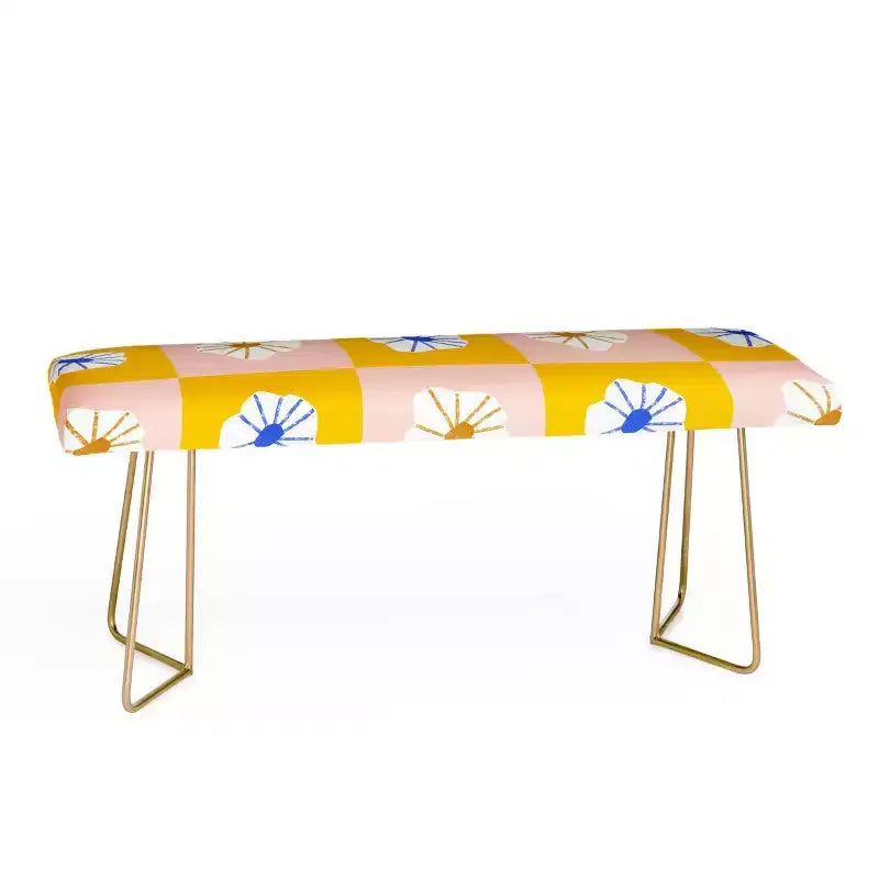 Banc Fleurs à Carreaux Blanches Jaune - Rembourré en Faux Cuir avec Pieds en Acier