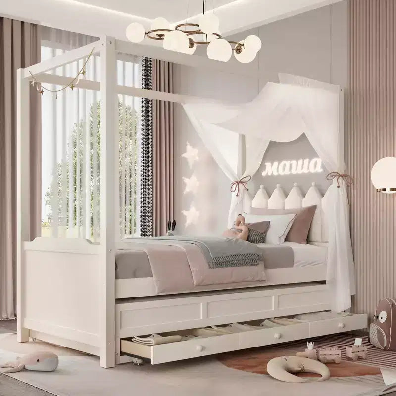 Lit plateforme double/grand format avec lit gigogne, lit à baldaquin en bois de princesse avec 3 tiroirs, lit de rangement avec tête de lit capitonnée pour chambre à coucher