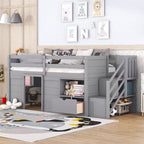 Lit mezzanine jumeau Okak en bois massif avec escalier et rangement, lits superposés jumeaux à profil bas avec tiroirs et étagères, lits mezzanine multifonctionnels pour enfants et adolescents