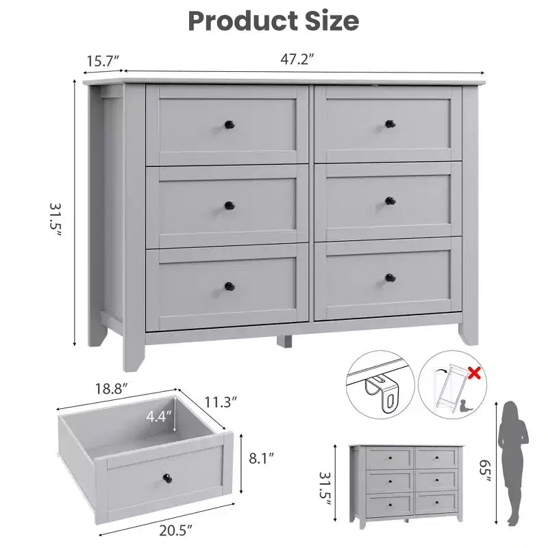 Commode à 6 tiroirs pour chambre à coucher, grande commode avec tiroirs profonds et poignées en métal, commodes modernes en bois pour entrée, couloir