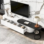 Meuble TV escamotable moderne noir et blanc avec 3 tiroirs et pieds métalliques réglables pour salon et chambre à coucher