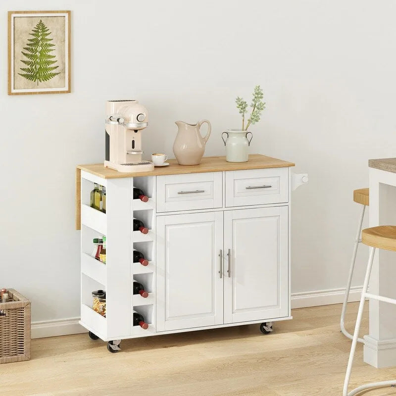 Desserte de cuisine multifonctionnelle Grondin avec abattant en bois massif, 2 portes, 2 tiroirs, casier à vin et porte-épices