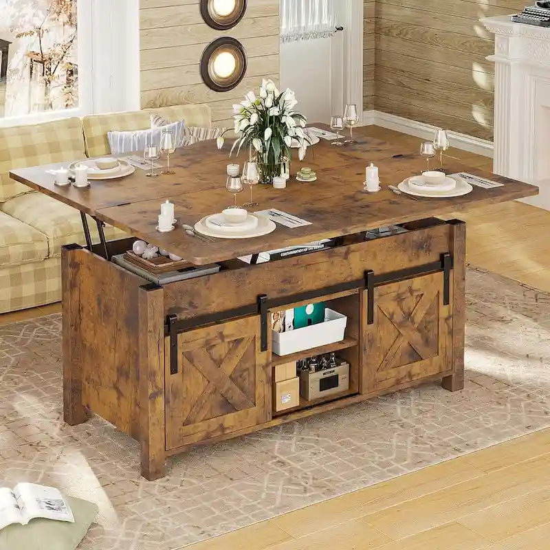 Table basse relevable avec 2 portes de grange coulissantes et rangement